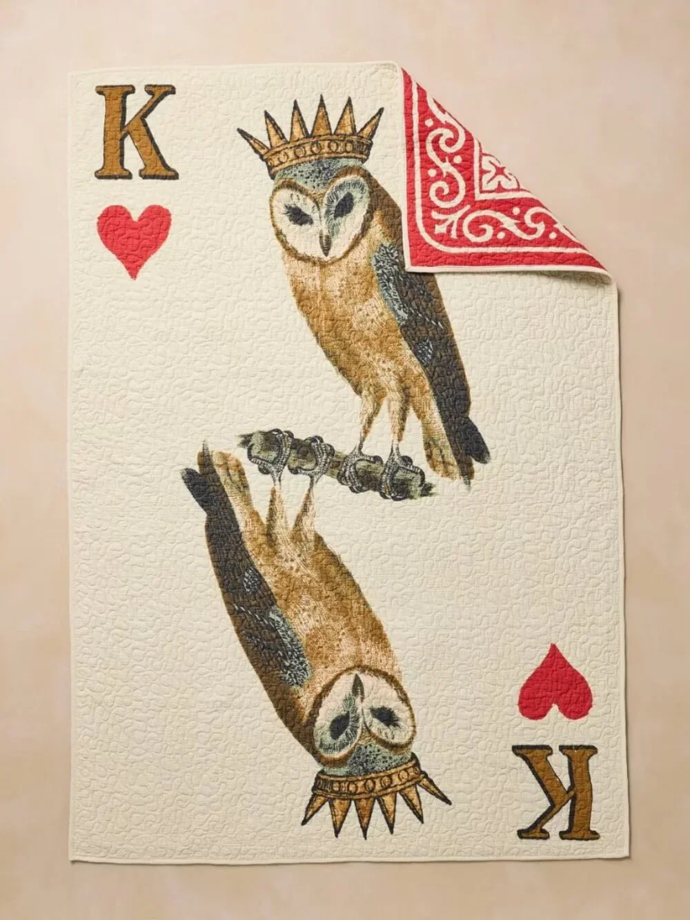John Derian for Target Reversible King of Hearts Owl Card Cotton Quilt NWT
